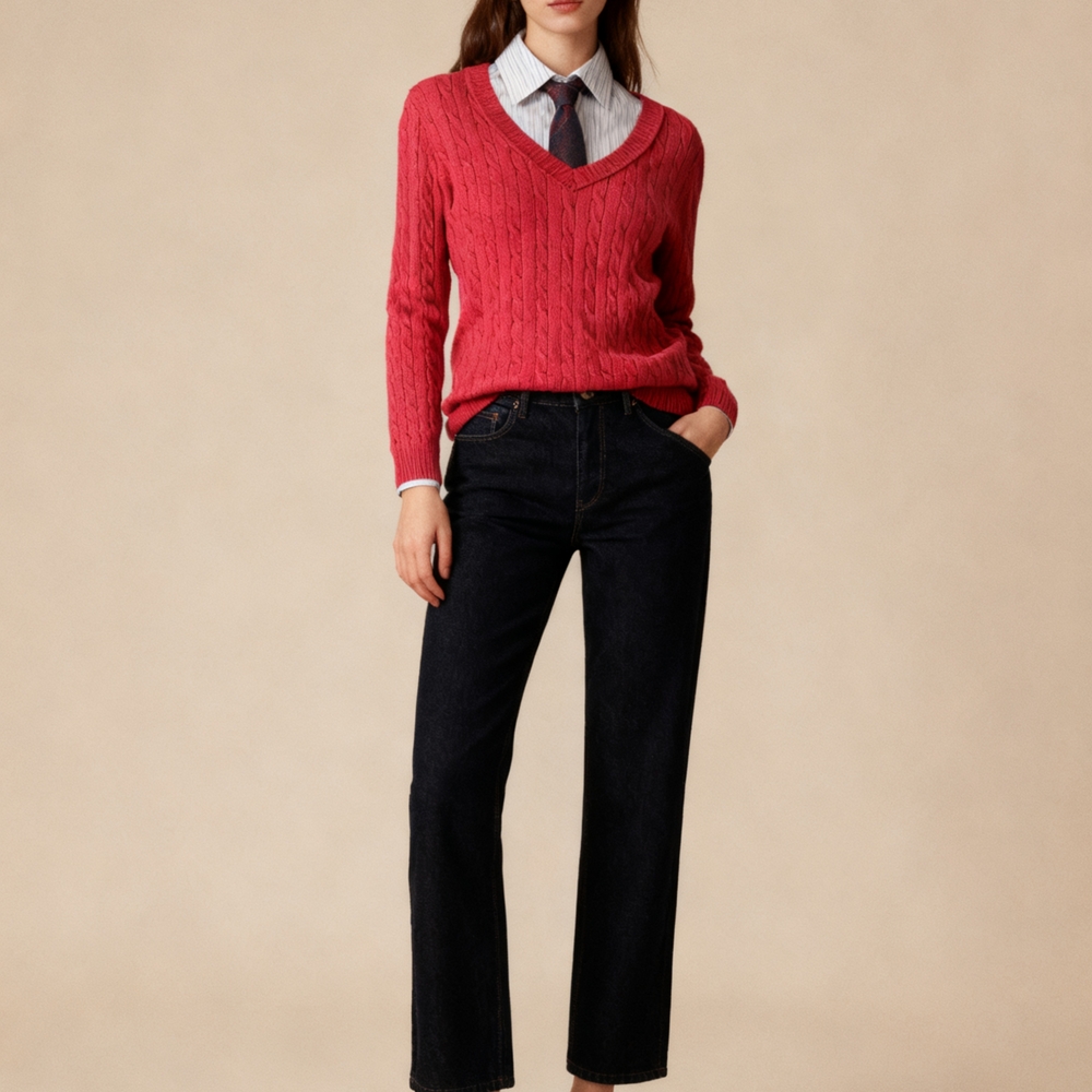 Ann Taylor LOFT Red Cable  Knit V-Neck Women's Sweater